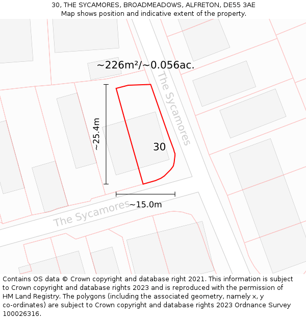 30, THE SYCAMORES, BROADMEADOWS, ALFRETON, DE55 3AE: Plot and title map