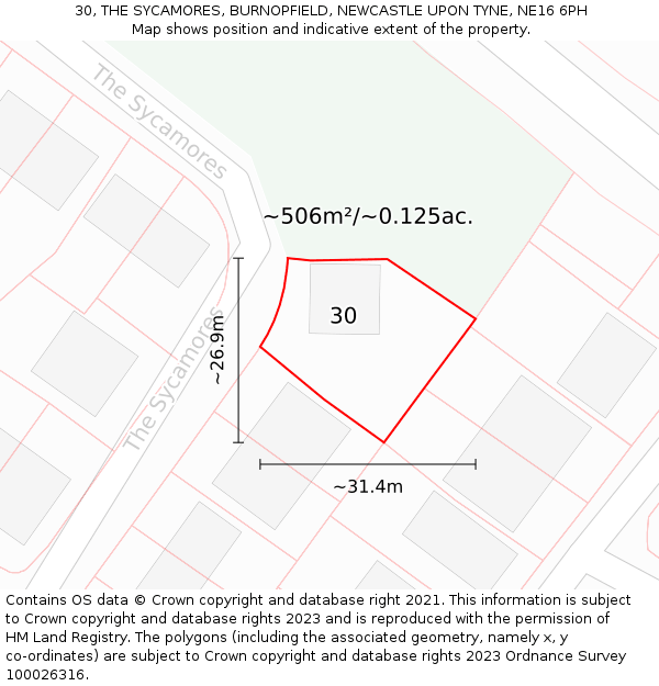 30, THE SYCAMORES, BURNOPFIELD, NEWCASTLE UPON TYNE, NE16 6PH: Plot and title map