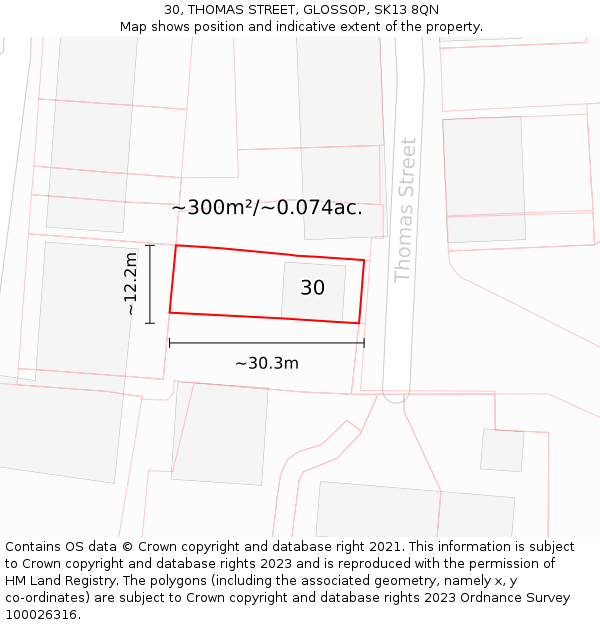 30, THOMAS STREET, GLOSSOP, SK13 8QN: Plot and title map