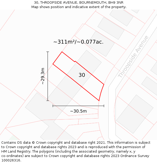30, THROOPSIDE AVENUE, BOURNEMOUTH, BH9 3NR: Plot and title map