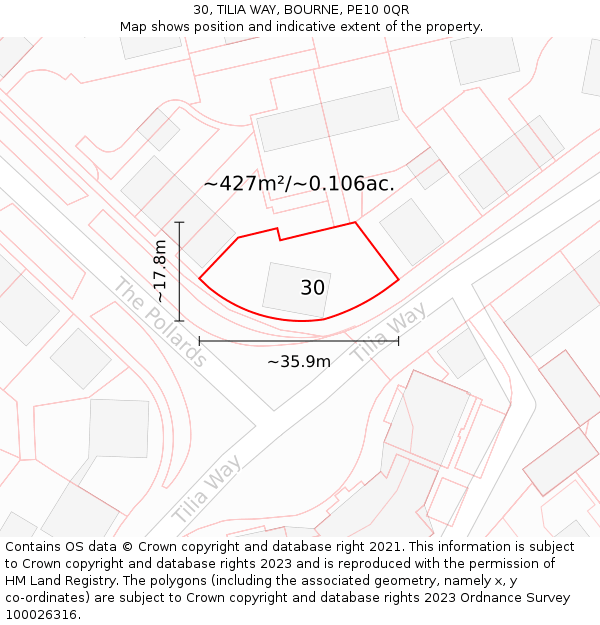 30, TILIA WAY, BOURNE, PE10 0QR: Plot and title map