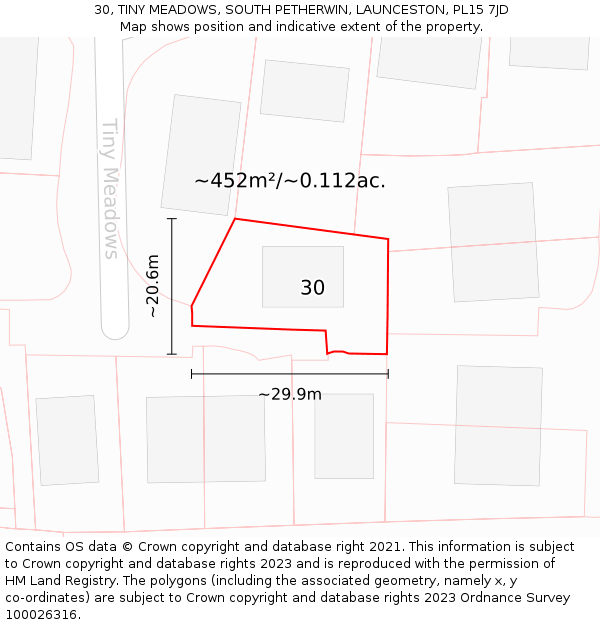 30, TINY MEADOWS, SOUTH PETHERWIN, LAUNCESTON, PL15 7JD: Plot and title map