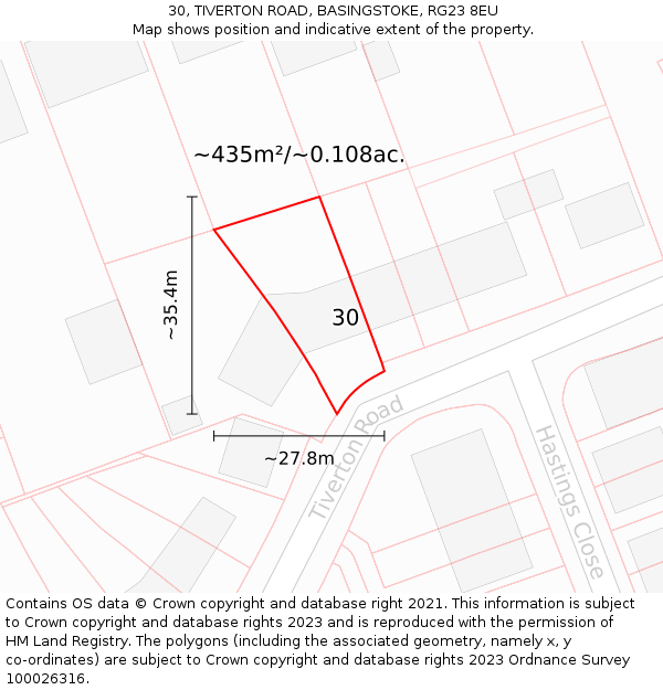 30, TIVERTON ROAD, BASINGSTOKE, RG23 8EU: Plot and title map