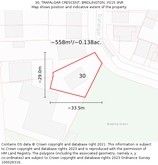 30, TRAFALGAR CRESCENT, BRIDLINGTON, YO15 3NR: Plot and title map