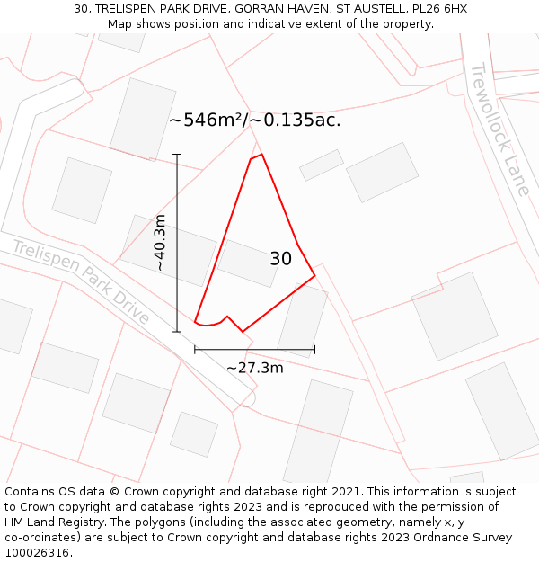 30, TRELISPEN PARK DRIVE, GORRAN HAVEN, ST AUSTELL, PL26 6HX: Plot and title map