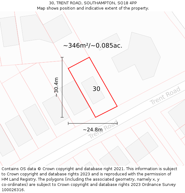 30, TRENT ROAD, SOUTHAMPTON, SO18 4PP: Plot and title map