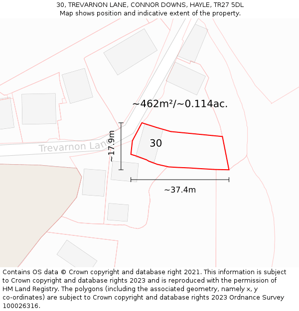 30, TREVARNON LANE, CONNOR DOWNS, HAYLE, TR27 5DL: Plot and title map