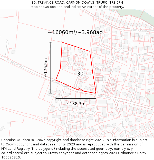 30, TREVINCE ROAD, CARNON DOWNS, TRURO, TR3 6FN: Plot and title map