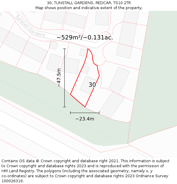 30, TUNSTALL GARDENS, REDCAR, TS10 2TR: Plot and title map