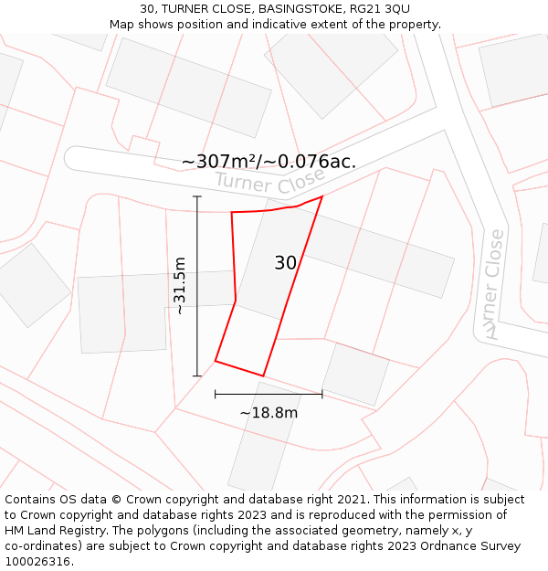 30, TURNER CLOSE, BASINGSTOKE, RG21 3QU: Plot and title map