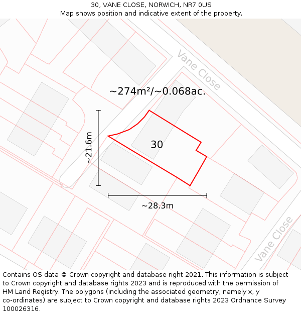 30, VANE CLOSE, NORWICH, NR7 0US: Plot and title map
