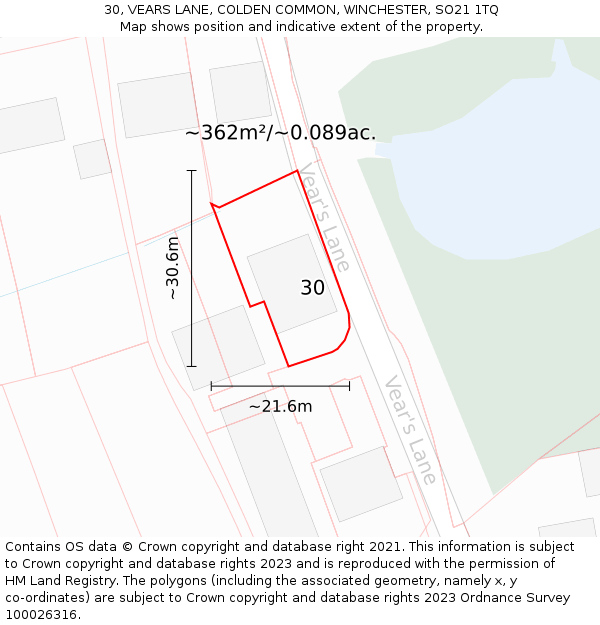 30, VEARS LANE, COLDEN COMMON, WINCHESTER, SO21 1TQ: Plot and title map