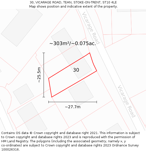 30, VICARAGE ROAD, TEAN, STOKE-ON-TRENT, ST10 4LE: Plot and title map