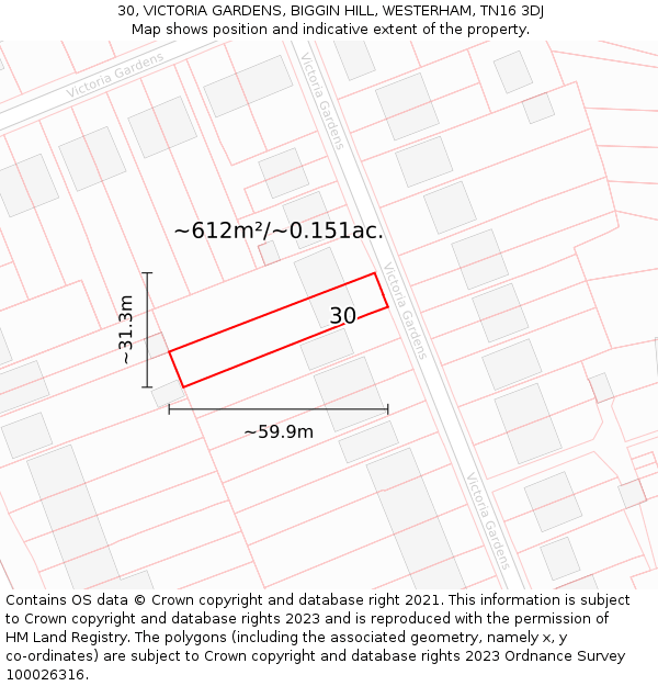 30, VICTORIA GARDENS, BIGGIN HILL, WESTERHAM, TN16 3DJ: Plot and title map