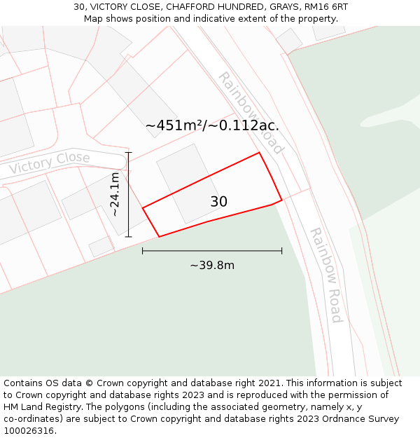 30, VICTORY CLOSE, CHAFFORD HUNDRED, GRAYS, RM16 6RT: Plot and title map