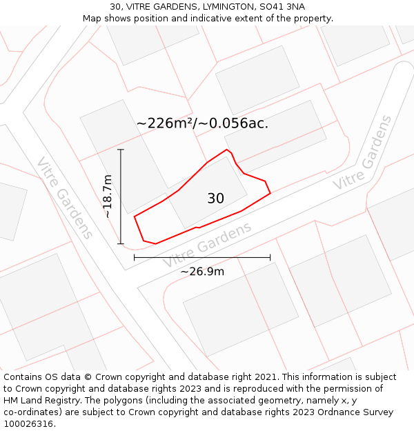 30, VITRE GARDENS, LYMINGTON, SO41 3NA: Plot and title map