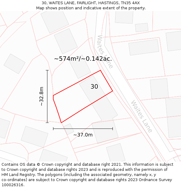 30, WAITES LANE, FAIRLIGHT, HASTINGS, TN35 4AX: Plot and title map