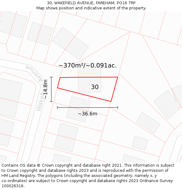 30, WAKEFIELD AVENUE, FAREHAM, PO16 7RP: Plot and title map