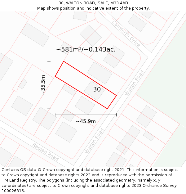 30, WALTON ROAD, SALE, M33 4AB: Plot and title map