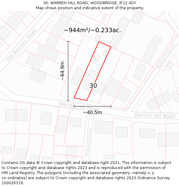 30, WARREN HILL ROAD, WOODBRIDGE, IP12 4DY: Plot and title map