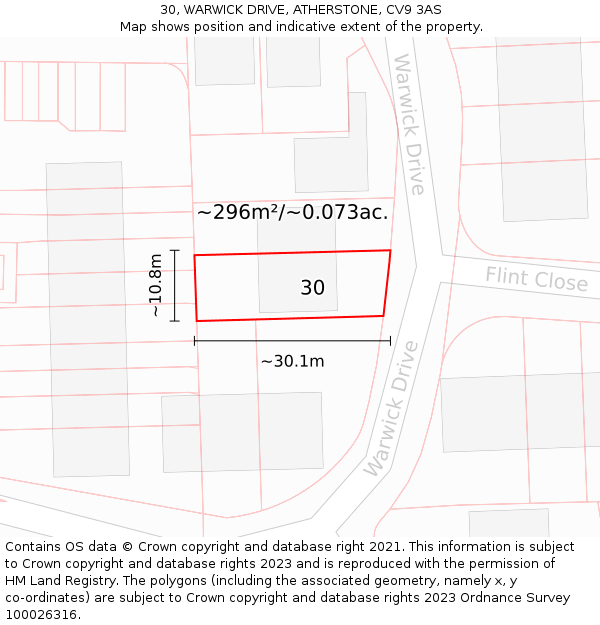 30, WARWICK DRIVE, ATHERSTONE, CV9 3AS: Plot and title map