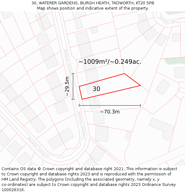 30, WATERER GARDENS, BURGH HEATH, TADWORTH, KT20 5PB: Plot and title map