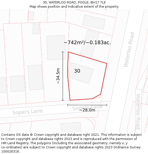 30, WATERLOO ROAD, POOLE, BH17 7LE: Plot and title map