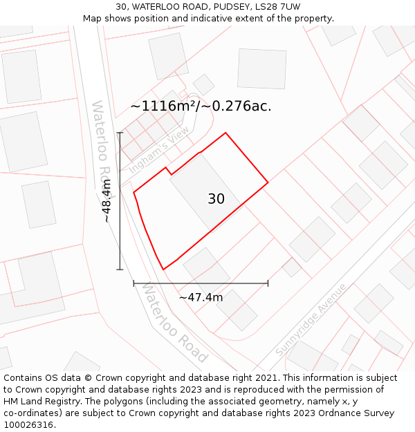 30, WATERLOO ROAD, PUDSEY, LS28 7UW: Plot and title map