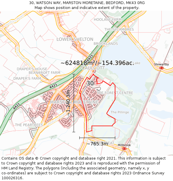 30, WATSON WAY, MARSTON MORETAINE, BEDFORD, MK43 0RG: Plot and title map