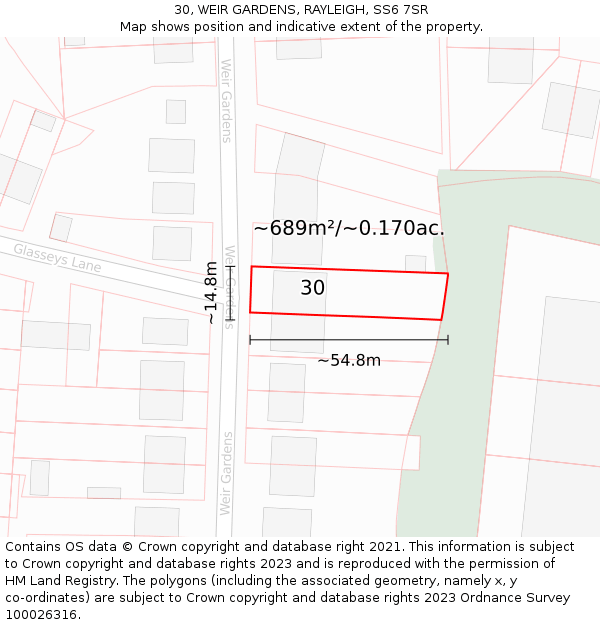 30, WEIR GARDENS, RAYLEIGH, SS6 7SR: Plot and title map