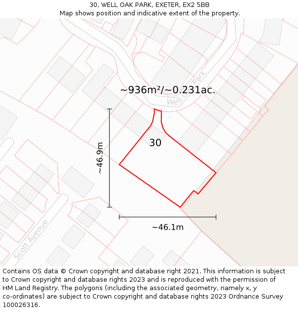 30, WELL OAK PARK, EXETER, EX2 5BB: Plot and title map