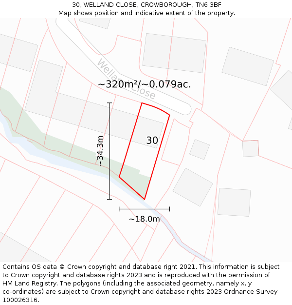 30, WELLAND CLOSE, CROWBOROUGH, TN6 3BF: Plot and title map