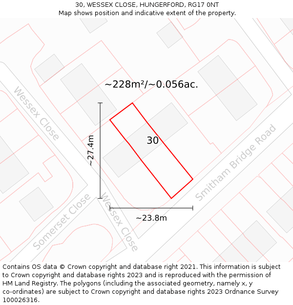 30, WESSEX CLOSE, HUNGERFORD, RG17 0NT: Plot and title map