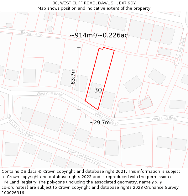 30, WEST CLIFF ROAD, DAWLISH, EX7 9DY: Plot and title map