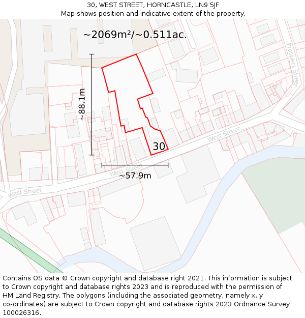 30, WEST STREET, HORNCASTLE, LN9 5JF: Plot and title map