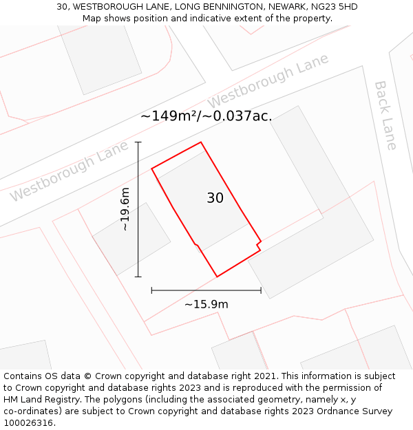 30, WESTBOROUGH LANE, LONG BENNINGTON, NEWARK, NG23 5HD: Plot and title map