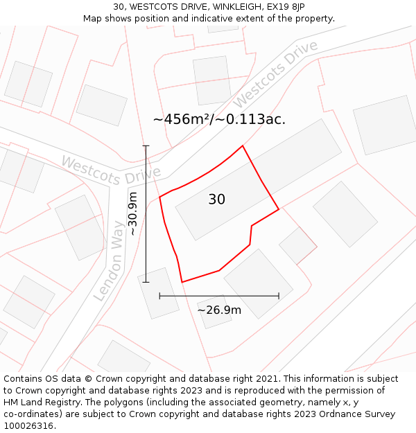 30, WESTCOTS DRIVE, WINKLEIGH, EX19 8JP: Plot and title map