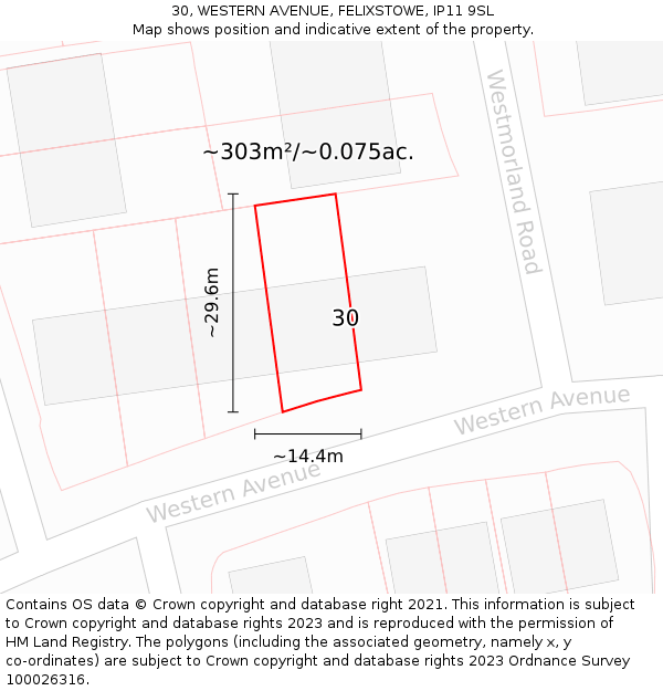 30, WESTERN AVENUE, FELIXSTOWE, IP11 9SL: Plot and title map