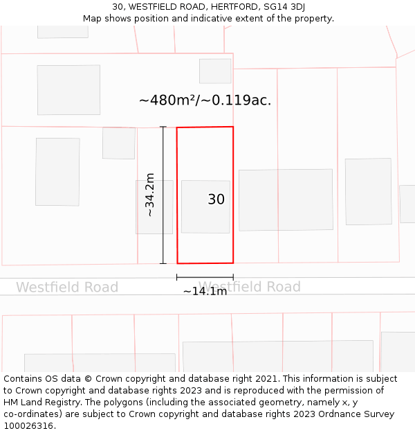 30, WESTFIELD ROAD, HERTFORD, SG14 3DJ: Plot and title map