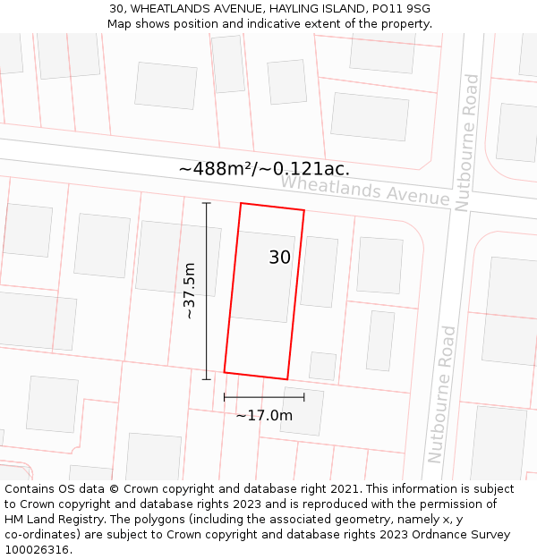 30, WHEATLANDS AVENUE, HAYLING ISLAND, PO11 9SG: Plot and title map