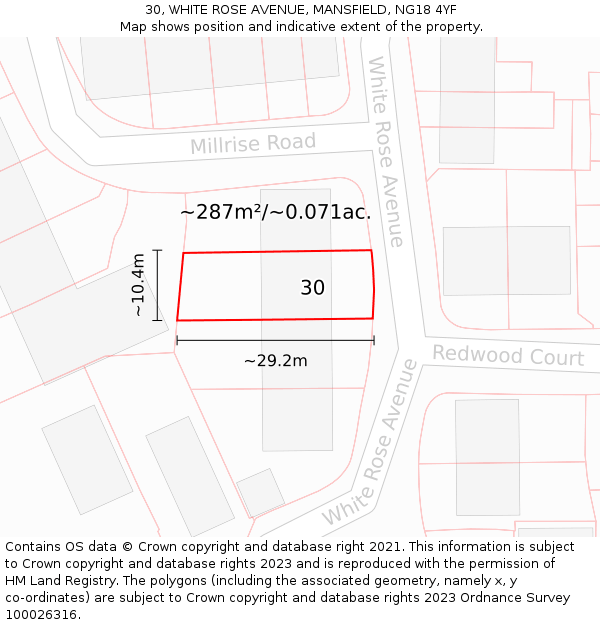 30, WHITE ROSE AVENUE, MANSFIELD, NG18 4YF: Plot and title map