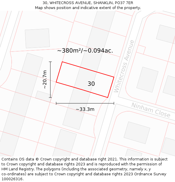 30, WHITECROSS AVENUE, SHANKLIN, PO37 7ER: Plot and title map