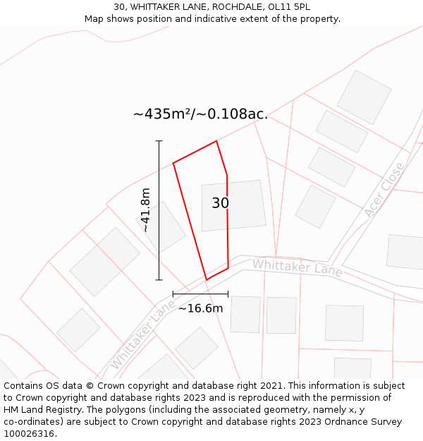 30, WHITTAKER LANE, ROCHDALE, OL11 5PL: Plot and title map