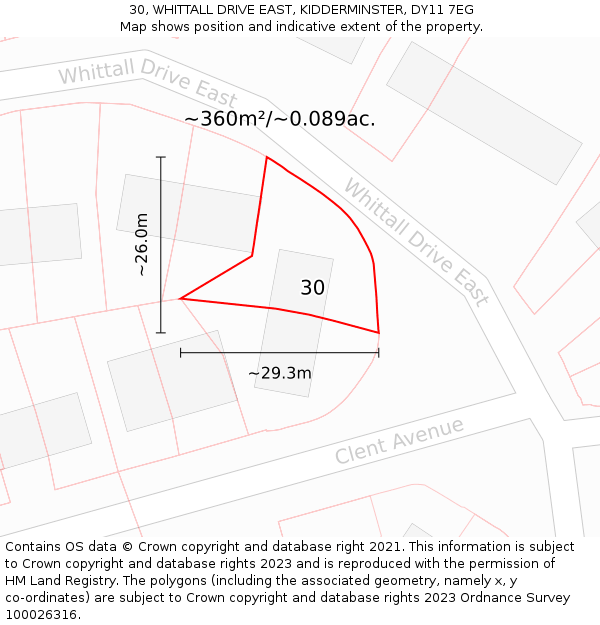 30, WHITTALL DRIVE EAST, KIDDERMINSTER, DY11 7EG: Plot and title map