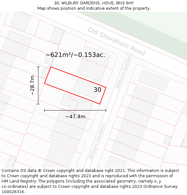 30, WILBURY GARDENS, HOVE, BN3 6HY: Plot and title map
