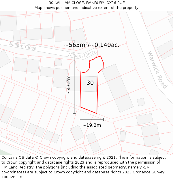 30, WILLIAM CLOSE, BANBURY, OX16 0UE: Plot and title map