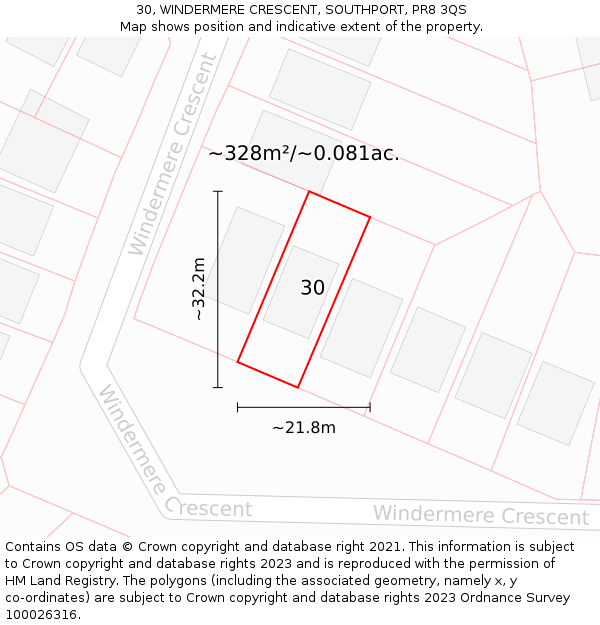 30, WINDERMERE CRESCENT, SOUTHPORT, PR8 3QS: Plot and title map