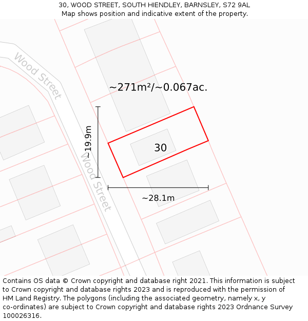 30, WOOD STREET, SOUTH HIENDLEY, BARNSLEY, S72 9AL: Plot and title map