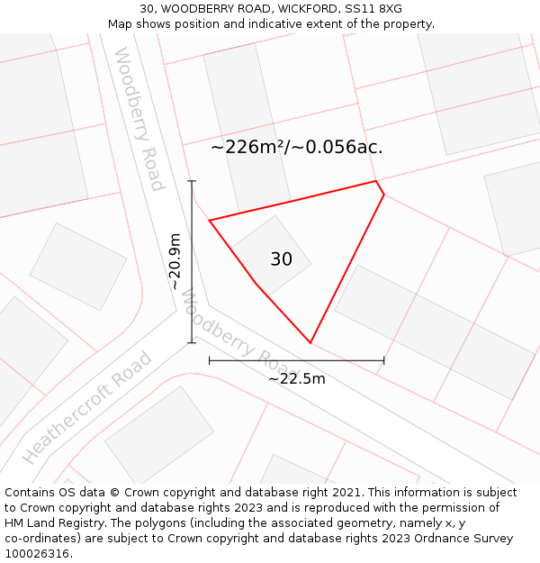 30, WOODBERRY ROAD, WICKFORD, SS11 8XG: Plot and title map