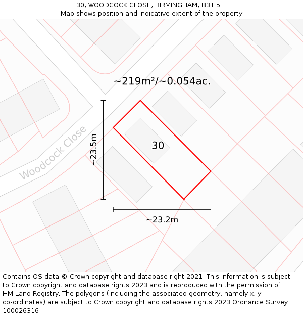 30, WOODCOCK CLOSE, BIRMINGHAM, B31 5EL: Plot and title map